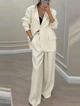 Temperament Women's Pants Suit Loose Solid Color Autumn Winter Commuting Long-sleeved Lapel Top Wide-leg Trousers Two-piece Set