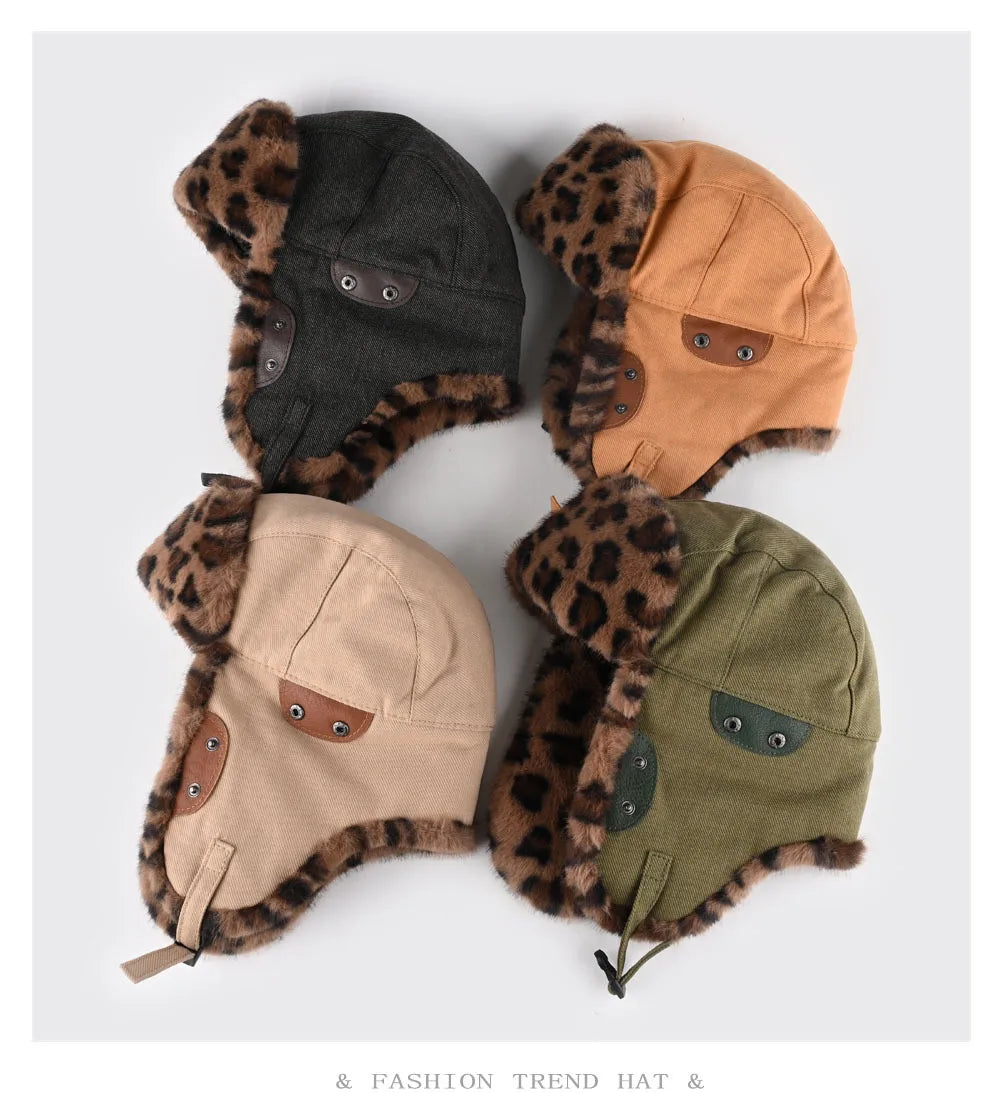 wild leopard print pilot caps Faux fur Bomber hat men ski cap winter hat thickened warm ear protect hat classic riding cap털모자