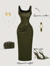 Women's Elegant Burgundy Sleeveless Fitted PU Dress