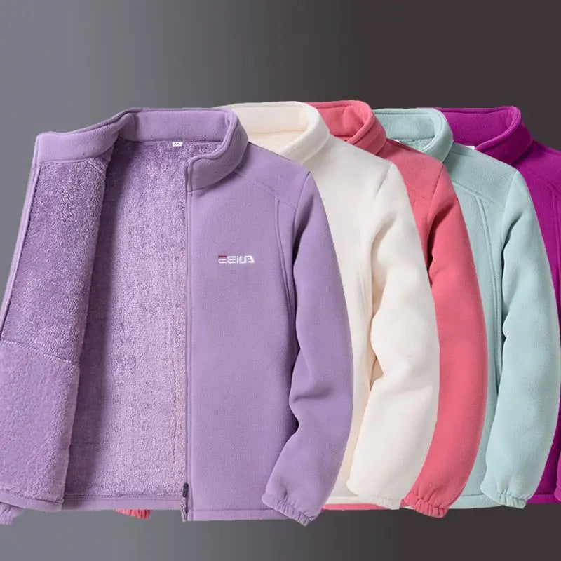 Women's Fleece Zip-Up Jacket with Embroidered Stand Collar