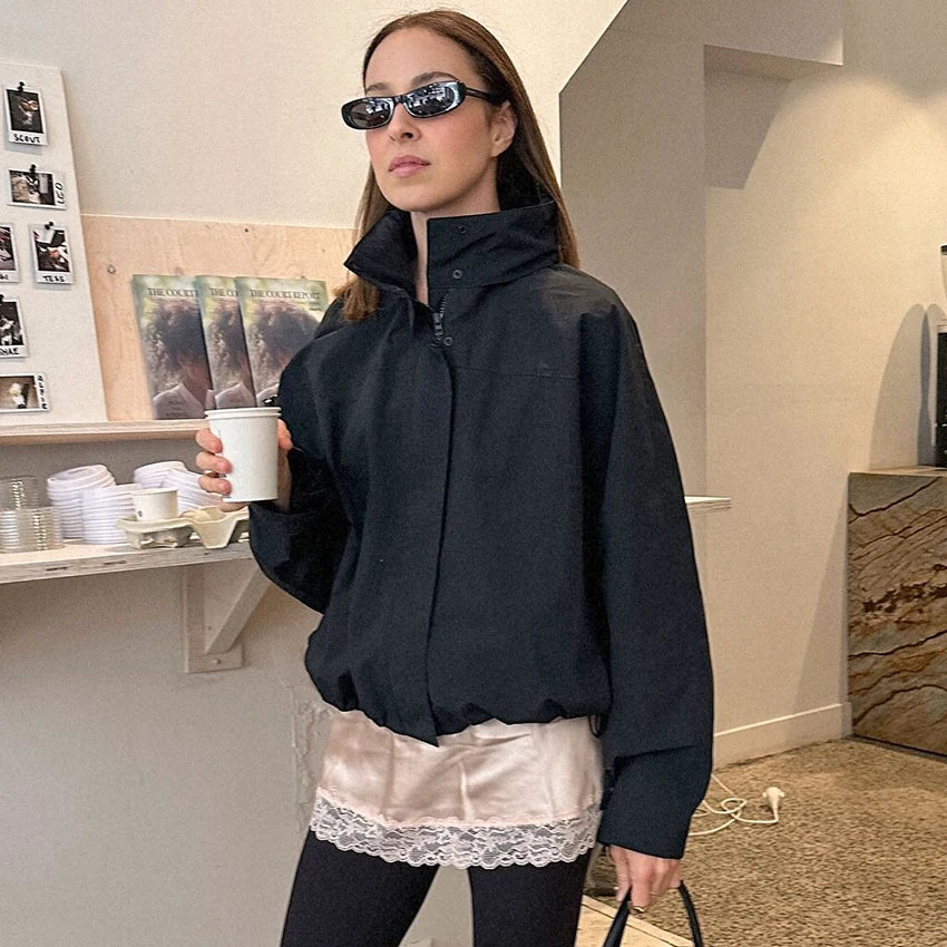Linad Street Chic Red Turtleneck Zipper Jackets Autumn Casual Long Sleeve Outerwear Fashion Coats For Woman Tops Female 2025