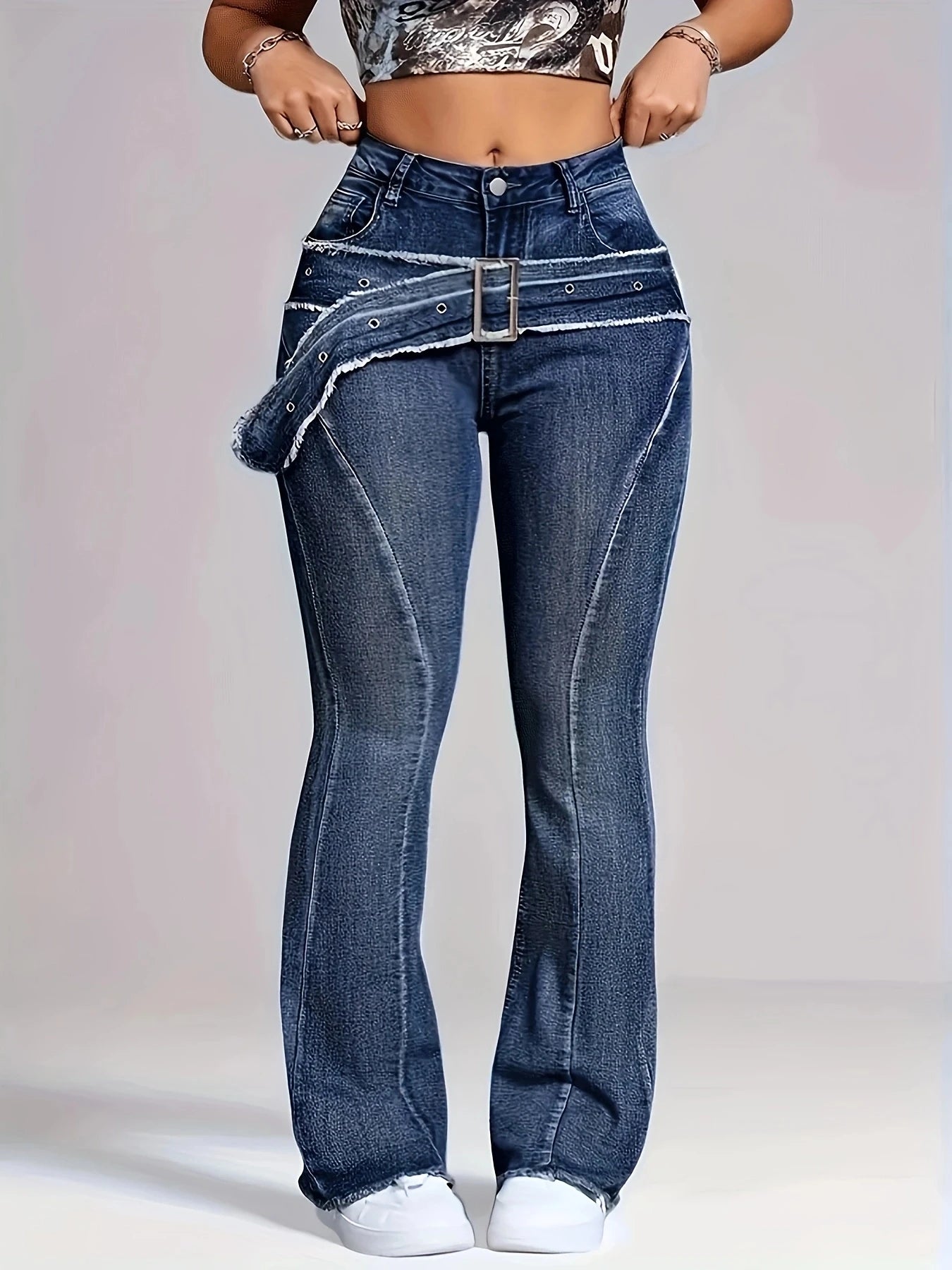 Retro Blue Faux-Waistband Flared Jeans