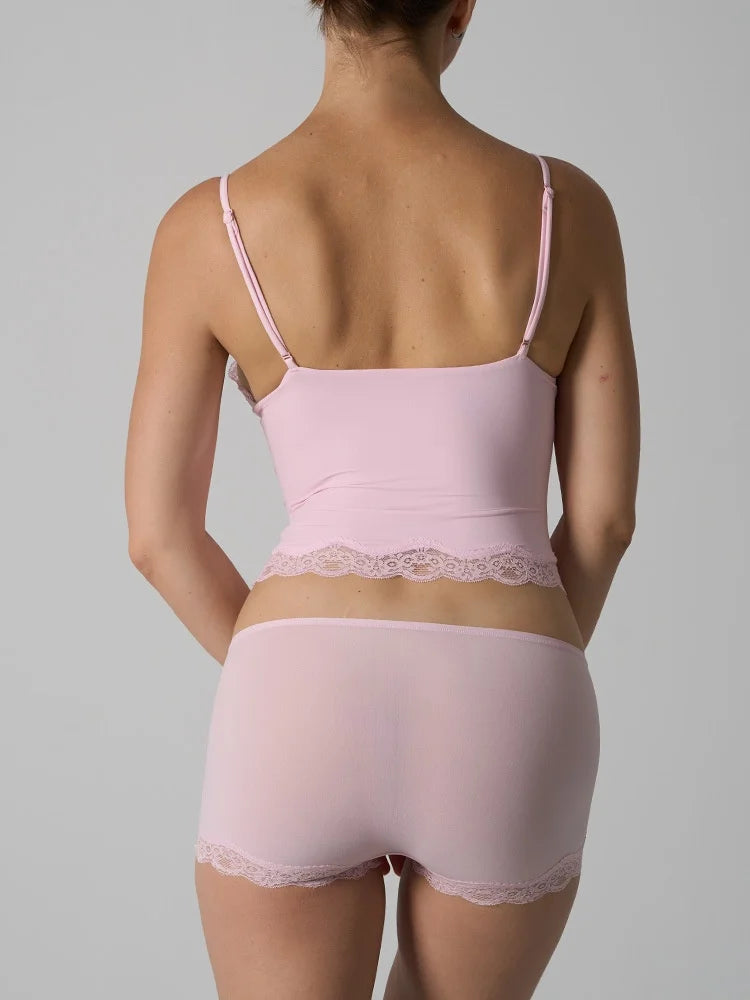 Europe American Simple Pink Light Thin Lace Strap Tank Top Flat Corner Lace Underwear for Women Comfortable Stretchy Short Sets