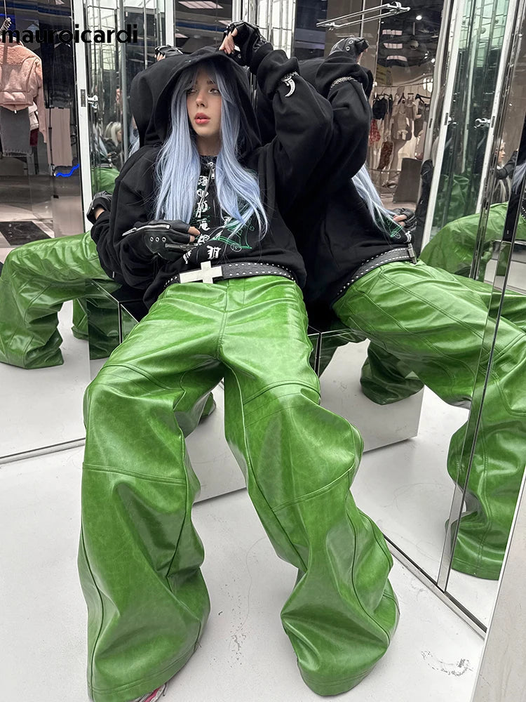 Olive Green PU Leather Wide Leg Pants — Men's Y2K Streetwear Trousers
