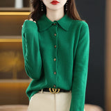 Polo Collar Spun Wool Cardigan – Elegant Single-Breasted Knit Jacket