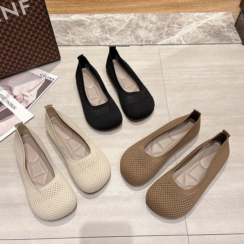 Big Size 42 Women Flats Knitted Breathable Sneakers Ladies Soft Bottom Ballet Loafers Casual Slip on Boat Shoe for Woman