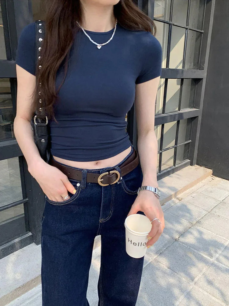 Y2K Vintage Slim Fit Crop Top - Solid Crewneck Short Sleeve Tee