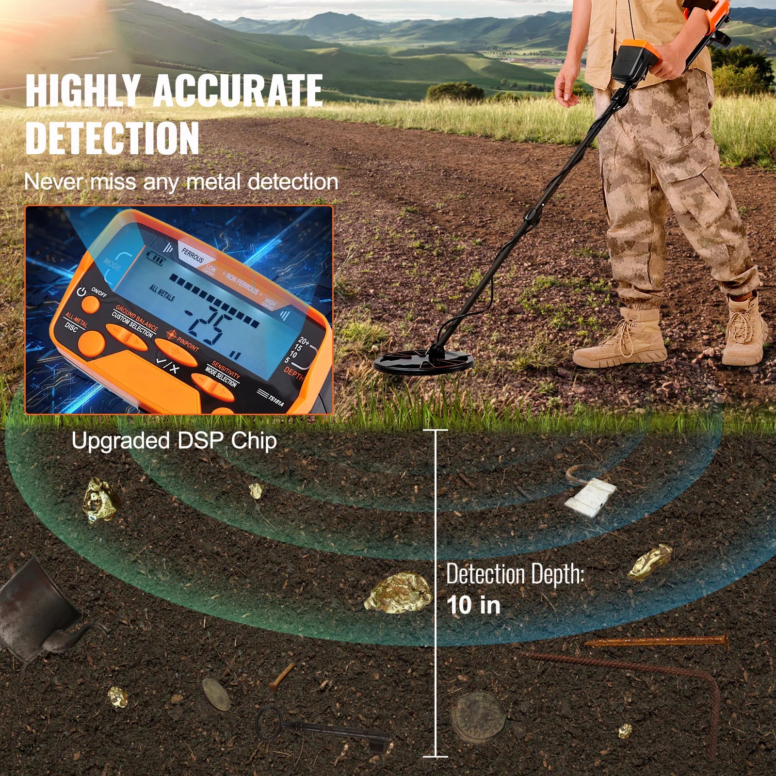 SucceBuy Metal Detector for Adults & Kids 10Inch Waterproof Search Coil + LCD Display 7 Modes Adjustable 41''-52'' Aluminum Stem