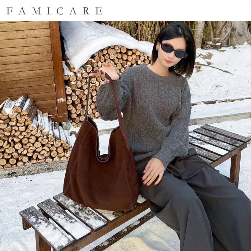Frosted Suede Tote Bag – Large Capacity Shoulder Bag