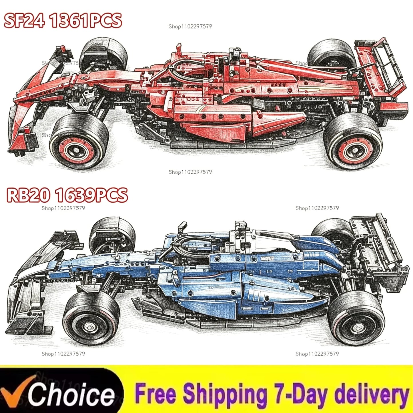 NEW 1:8 Scale 1361/1639PCS Technical Performance SF-24 RB20 Building Blocks Car Assembly Race Car MOC Bricks Supercar Model Toys