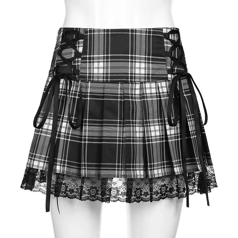 Pink Plaid Y2K Pleated Mini Skirt with Lace Trim