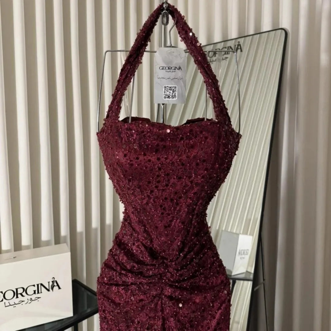 Wine Red Halter Prom Dress – Beaded Mermaid Gown