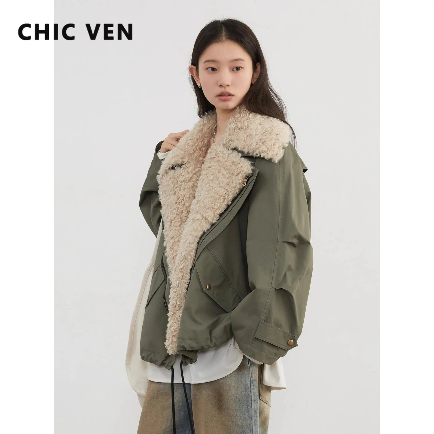 CHIC VEN Fashion Women Coats Loose Casual New Retro Motorcycle Cotton Jacket Thick Warm Female Overcoat Autumn Winter 2025