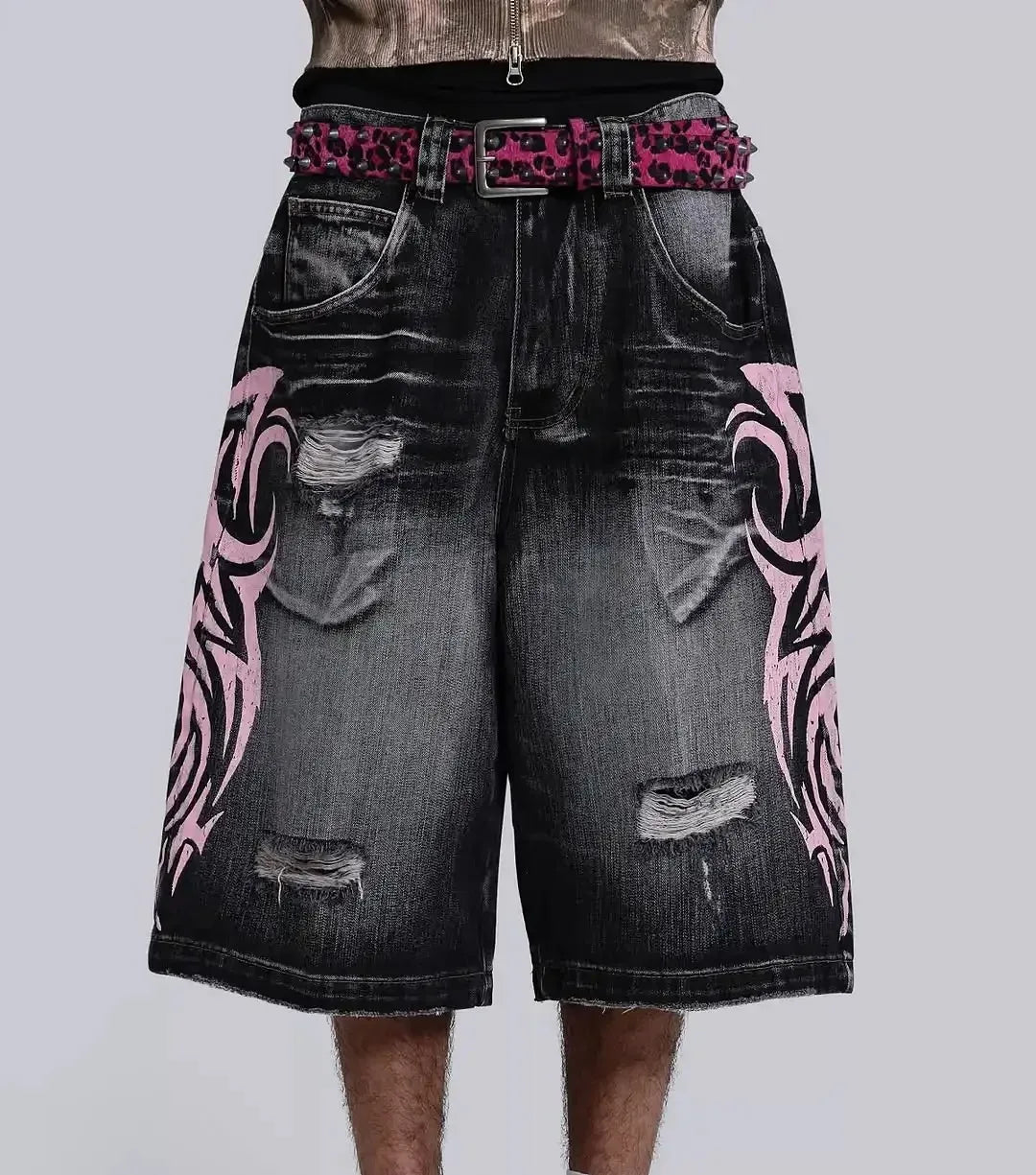 Y2K Dark Wash Wide Leg Jeans with Pink Flame Embroidery