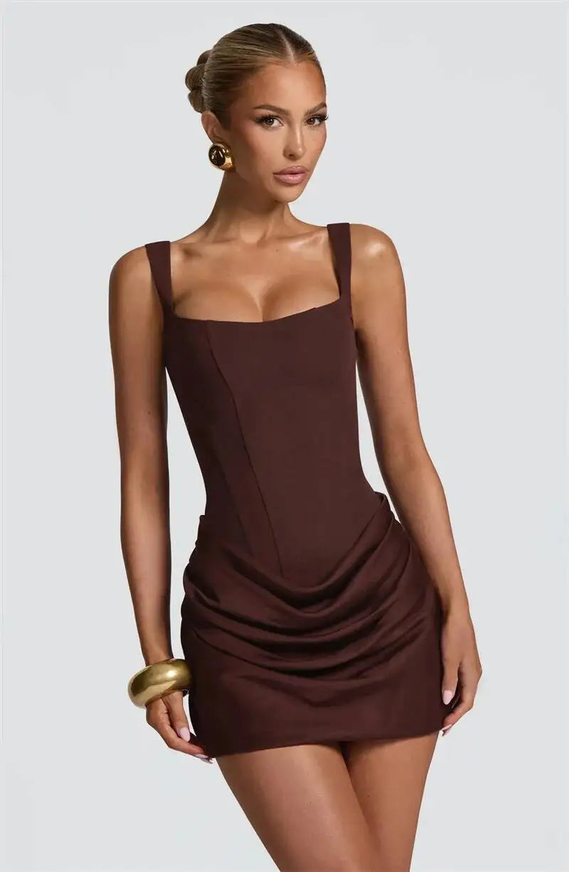 Elegant Backless Ruched Mini Dress | Chic Square Collar Club & Party Wear