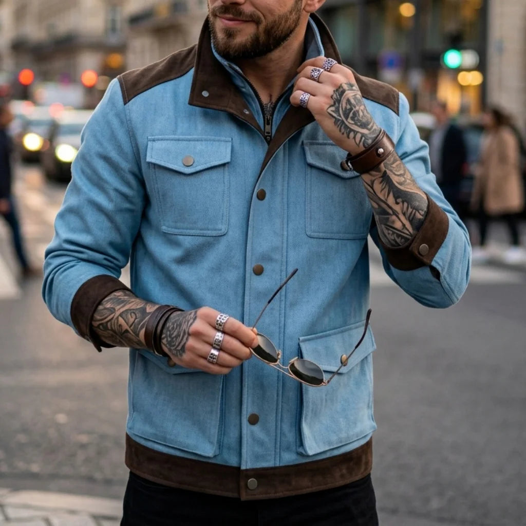 New Denim Men's Jacket Multi-pocket Fake Two Coats Denim Contrast Jacket Suede Matching Design Men's Streetwear Men's Denim Top