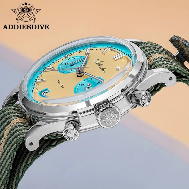 ADDIESDIVE Top Brand Man Watch BGW9 Super Luminous 10Bar Waterproof Bubble Mirror Glass VK64 Chronograph Quartz Steel Wristwatch