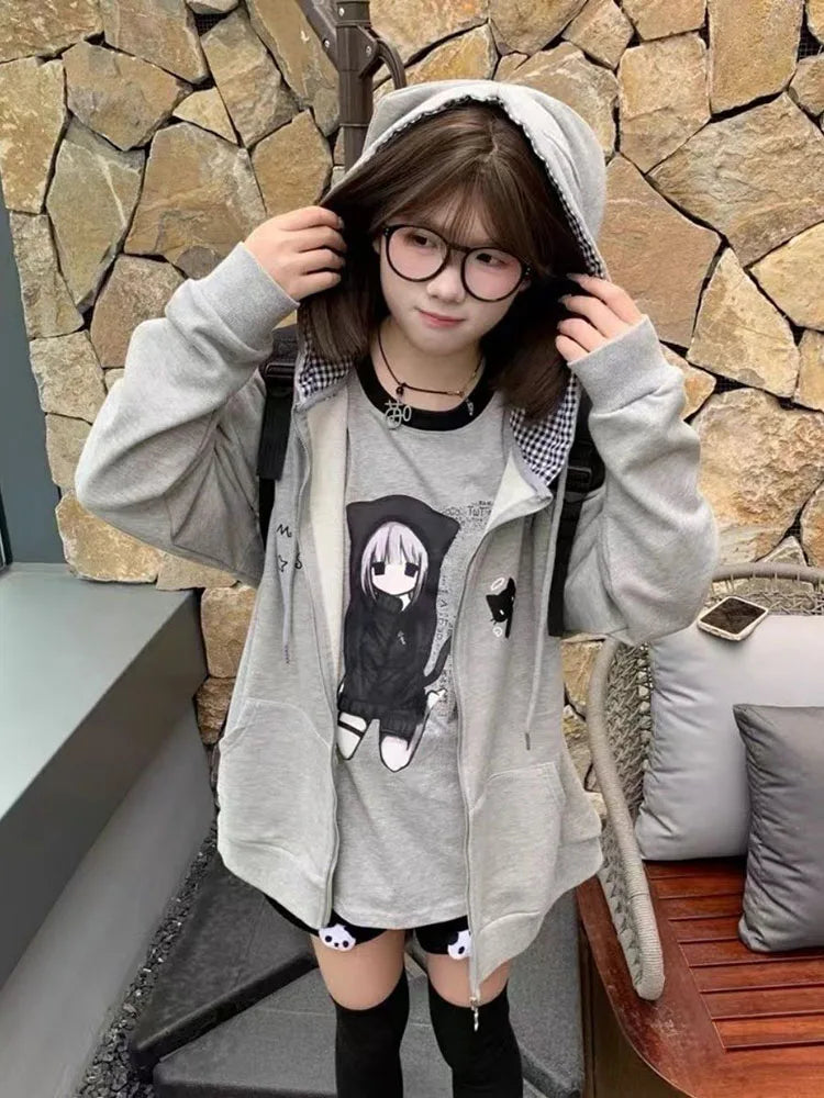 Women's Cute Cat Print Relaxed Zip-Up Hoodie