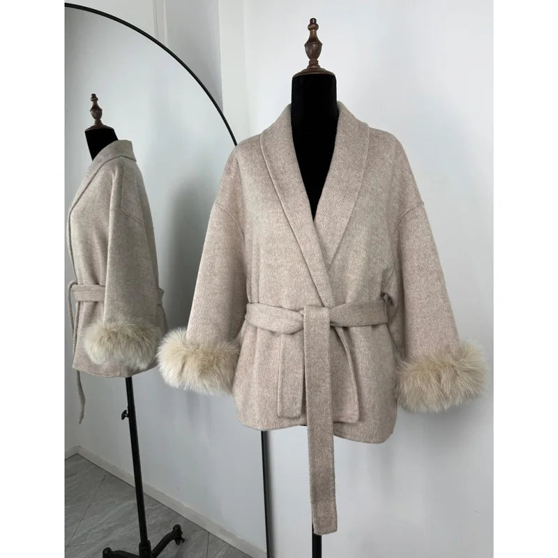 Elegant Fox Fur & Double-Sided Wool Coat