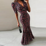 Print Chiffon Long Dress Women V Neck Half Sleeves High Waist Ruffles Belts Split Robe Female 2026 Summer Chic Vacation Dresses