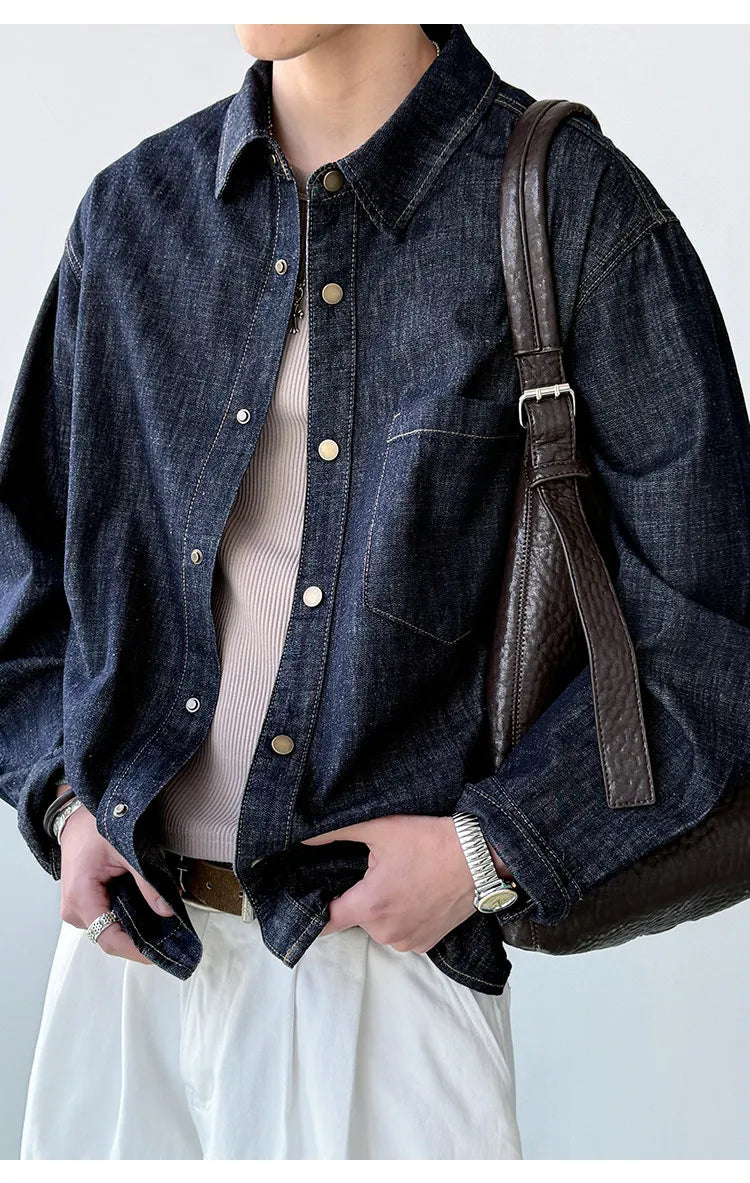Men's American Vintage Washed Raw Denim Work Shirt Loose Fit Casual Trendy Overshirt Coat Premium Lyocell Spring Fall Streetwear