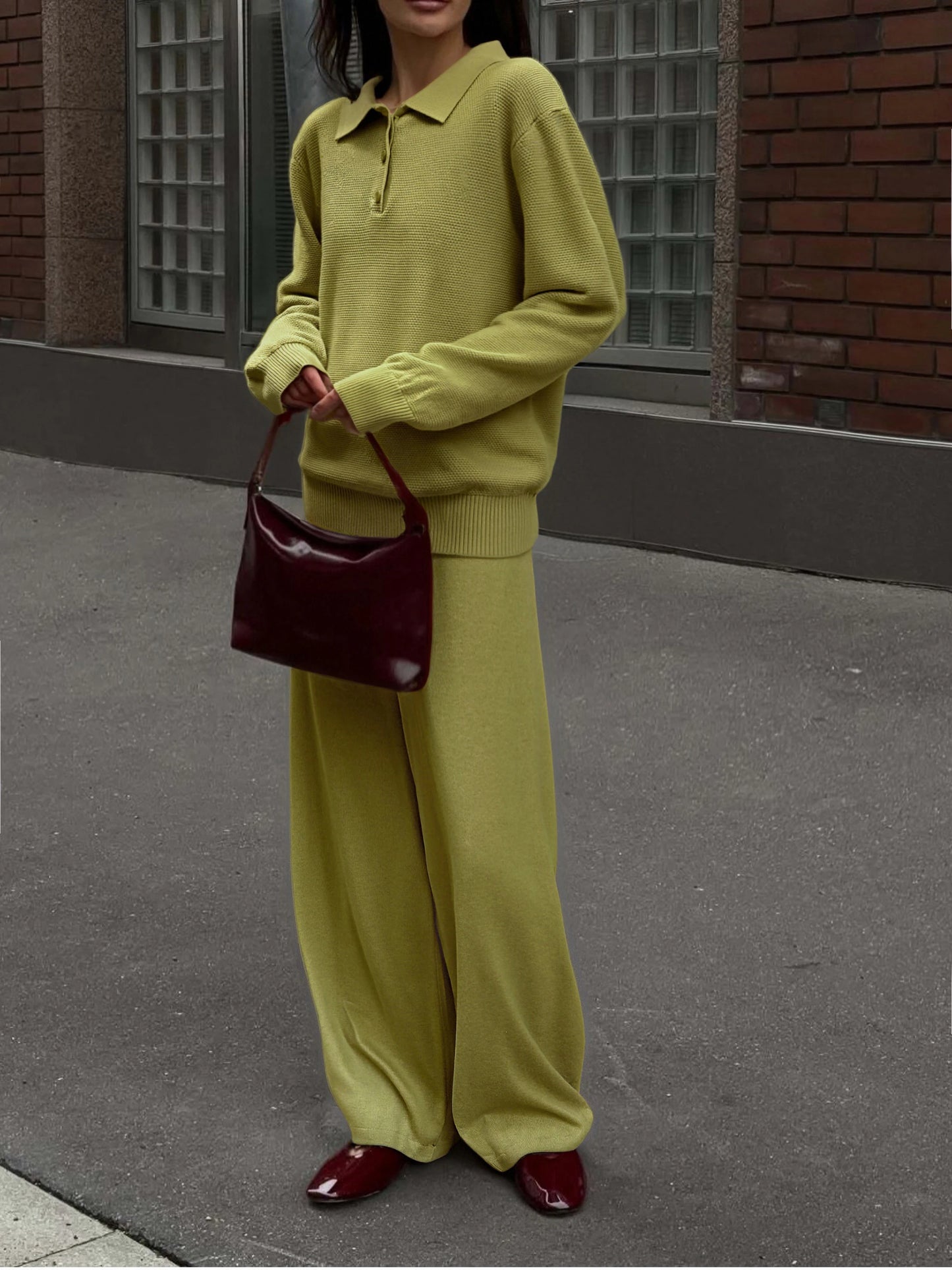 Hirsionsan Winter Thick Women Knitted Suits Soft 2 Pieces soft Female Sets Polo Neck Sweater & Wide Leg Pants Knitted Outfit