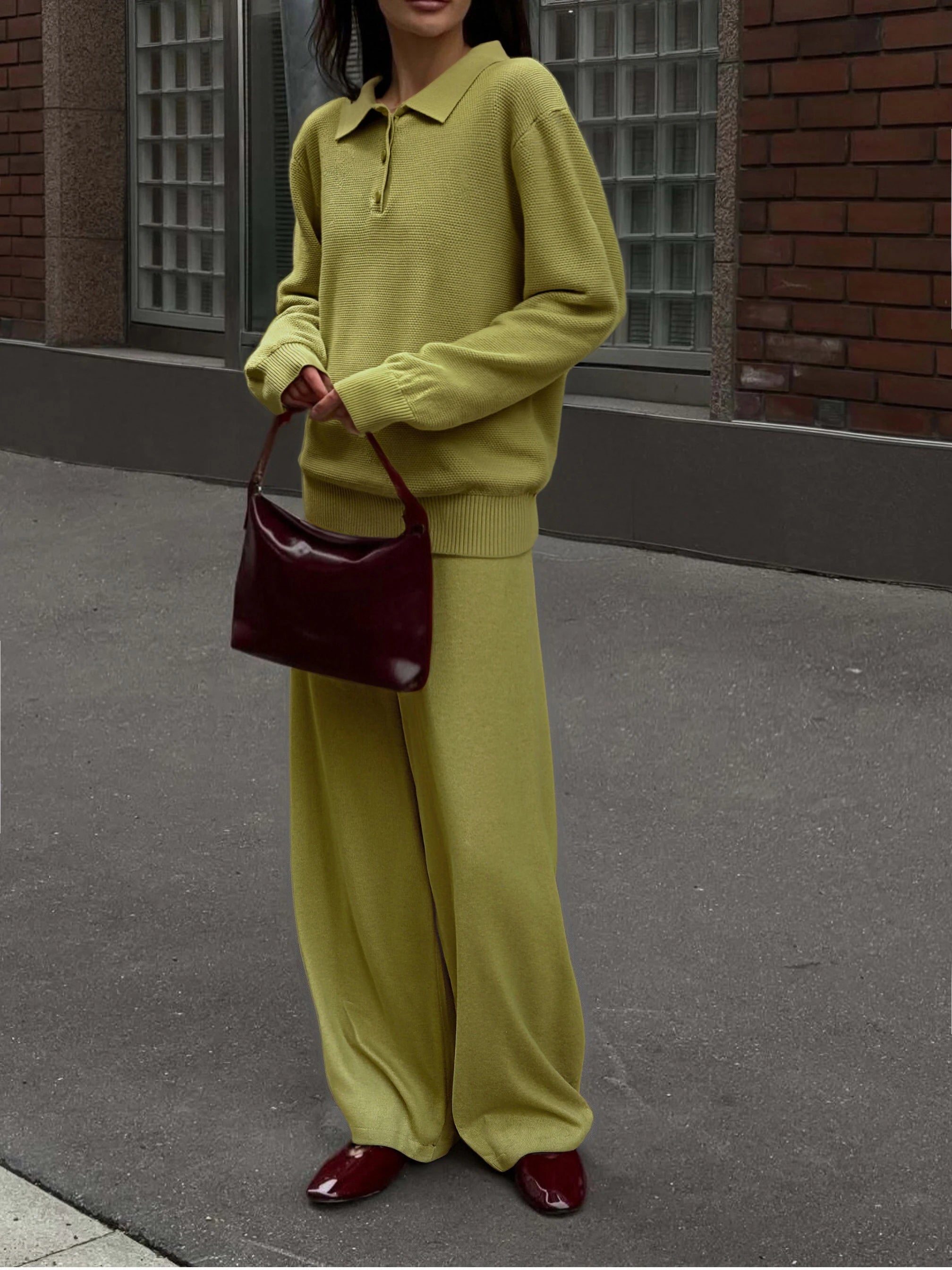 Hirsionsan Winter Thick Women Knitted Suits Soft 2 Pieces soft Female Sets Polo Neck Sweater & Wide Leg Pants Knitted Outfit