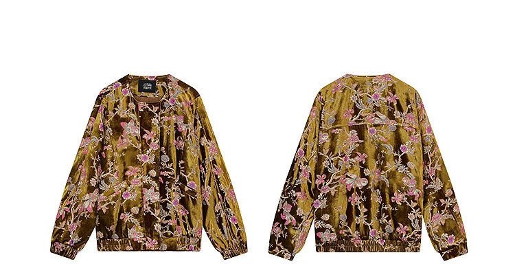 ELFSACK 2025 Gold Velvet Jacket Women's Winter Short Coat, Embroidered Goldfish Chinese Style Vintage Loose Padded Jacket