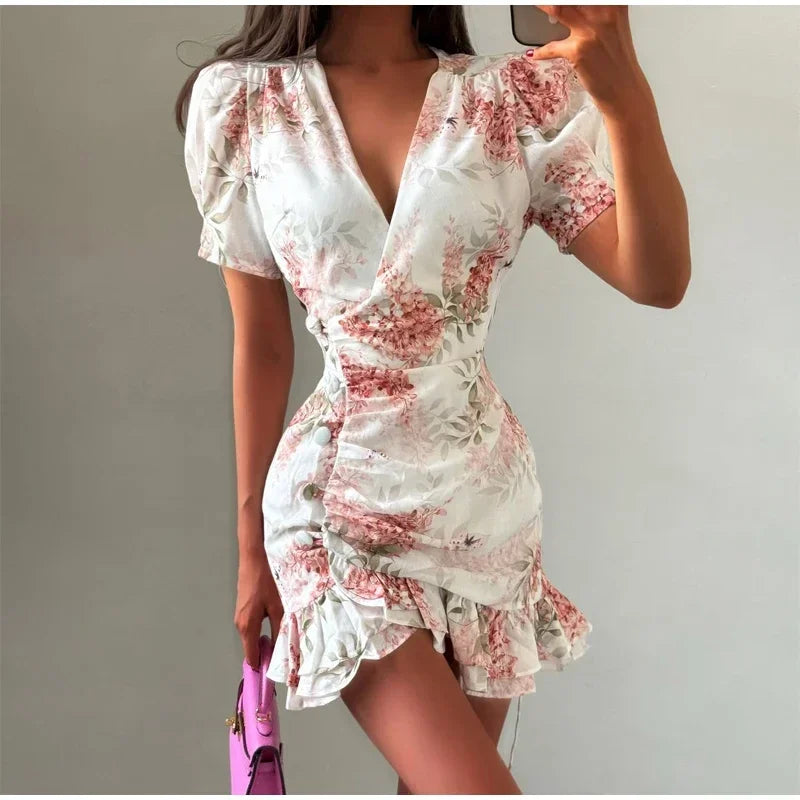 Women Elegant Printed Short Dress Chic V-neck Short Sleeve A-line Bodycon Mini Dresses 2026 Lady New Summer Vacation Street Robe