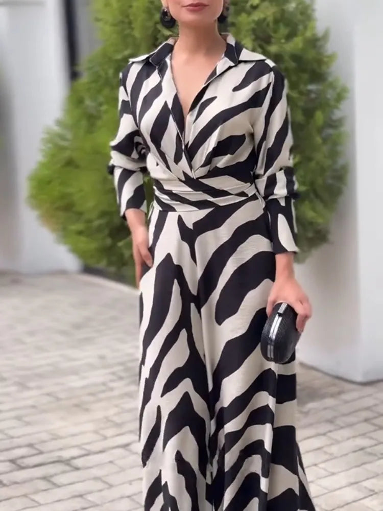 Zebra Print Lapel High-Waist Wide Leg Jumpsuit
