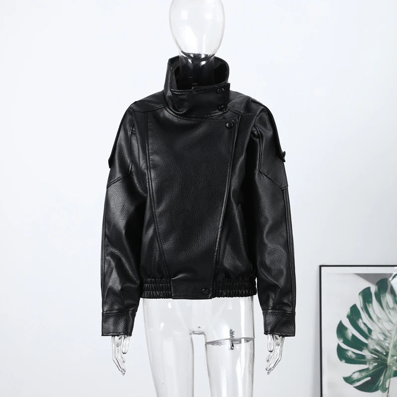 2026 Autumn Women's Faux Leather Jacket Brown Black Long Sleeve Stand Collar Thick Loose Lady Coat Fashion Motorcycle Streetwear