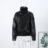 2026 Autumn Women's Faux Leather Jacket Brown Black Long Sleeve Stand Collar Thick Loose Lady Coat Fashion Motorcycle Streetwear
