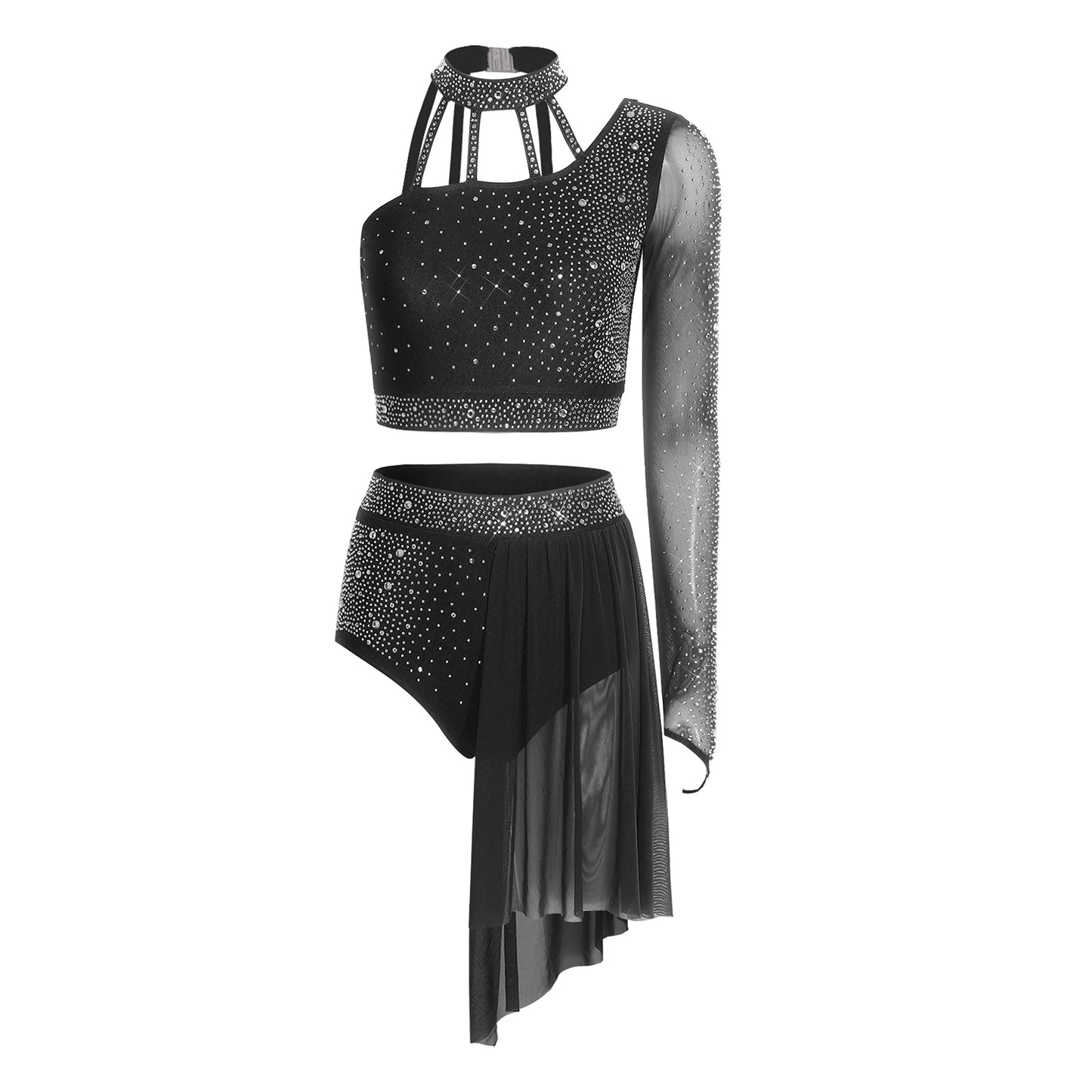 Women's 2-Piece Rhinestone Dance Crop Top & Shorts Set