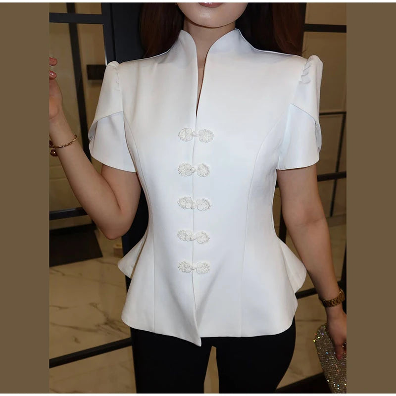 2026 Spring Summer Short Puff Sleeve Frog Button Shirt For Women Stand Collar  Single Breasted Blouse Lady Chic Street Party Top