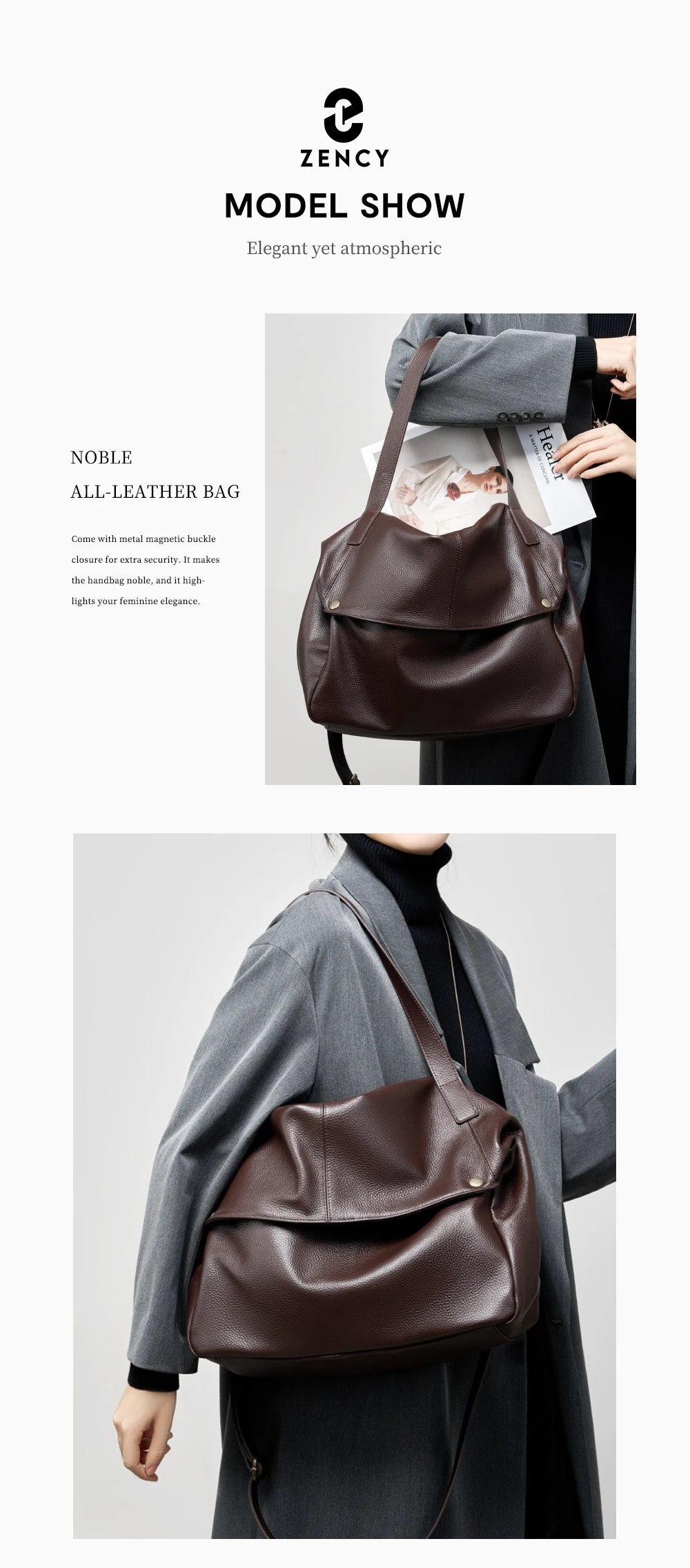 Zency Large Capacity Shoulder Bag Purse Genuine Leather Women's Work Tote Bag Handbag Shopper Bag Pocket For A4 ipad Crossbody