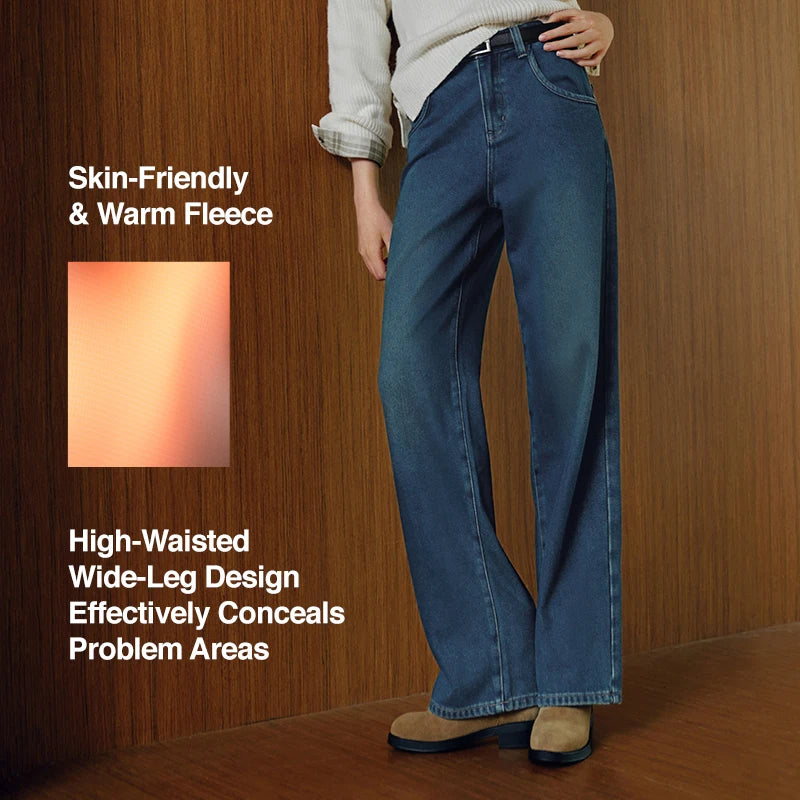 Women's High-Waist Fleece-Lined Wide-Leg Jeans