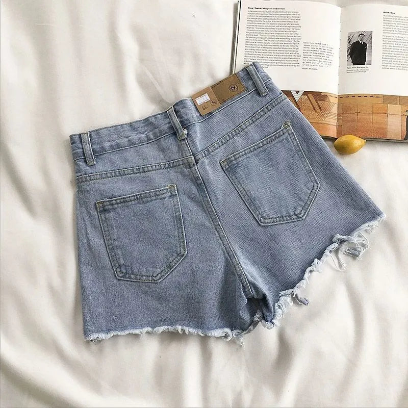 Women's High-Waist Y2K Ripped Denim Shorts – Distressed Tassel Jean Cut-Offs