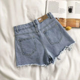 Women's High-Waist Y2K Ripped Denim Shorts – Distressed Tassel Jean Cut-Offs