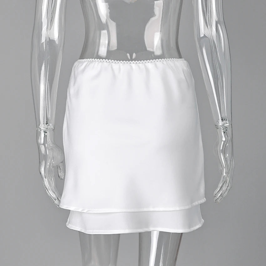 Linad White Satin Layered Lace Mini Skirt