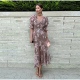 Print Chiffon Long Dress Women V Neck Half Sleeves High Waist Ruffles Belts Split Robe Female 2026 Summer Chic Vacation Dresses