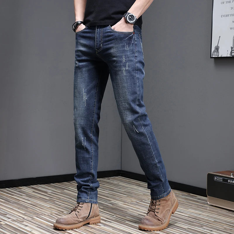 Embroidered Jeans Men's Autumn Winter New Korean Fashion Slim Little Feet Trousers Stretch Vintage Street Denim Trousers Male