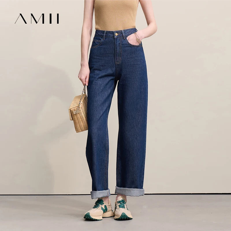 AMII Women's Barrel Jeans – Retro Straight Denim Trousers