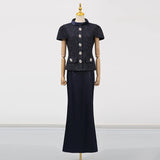 VGH Chic Two Piece Sets for Women Stand Collar Short Sleeves Spliced Pocket Tweed Top High Waist Maxi Skirts Vintage Suit Female