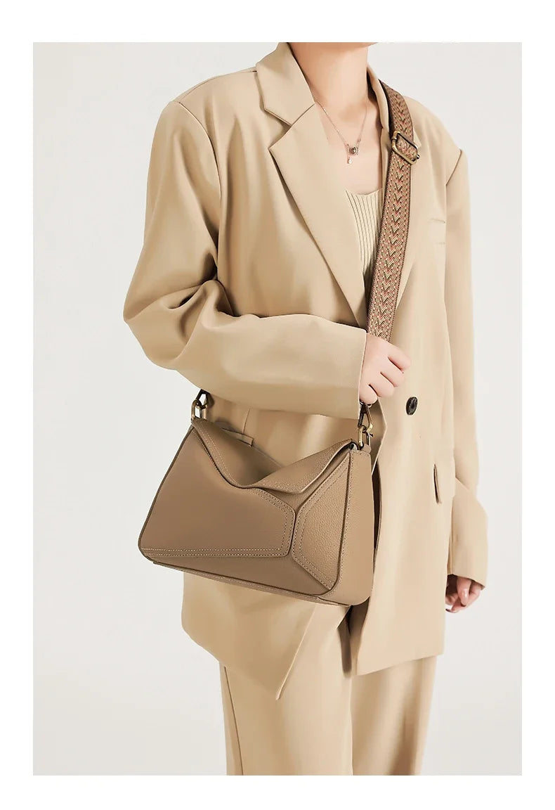 Pure 100% Cowhide Leather Women's Geometric Solid Color Shoulder Bag For Ladies Large Capacity Pillow Crossbody Handbag Luxury