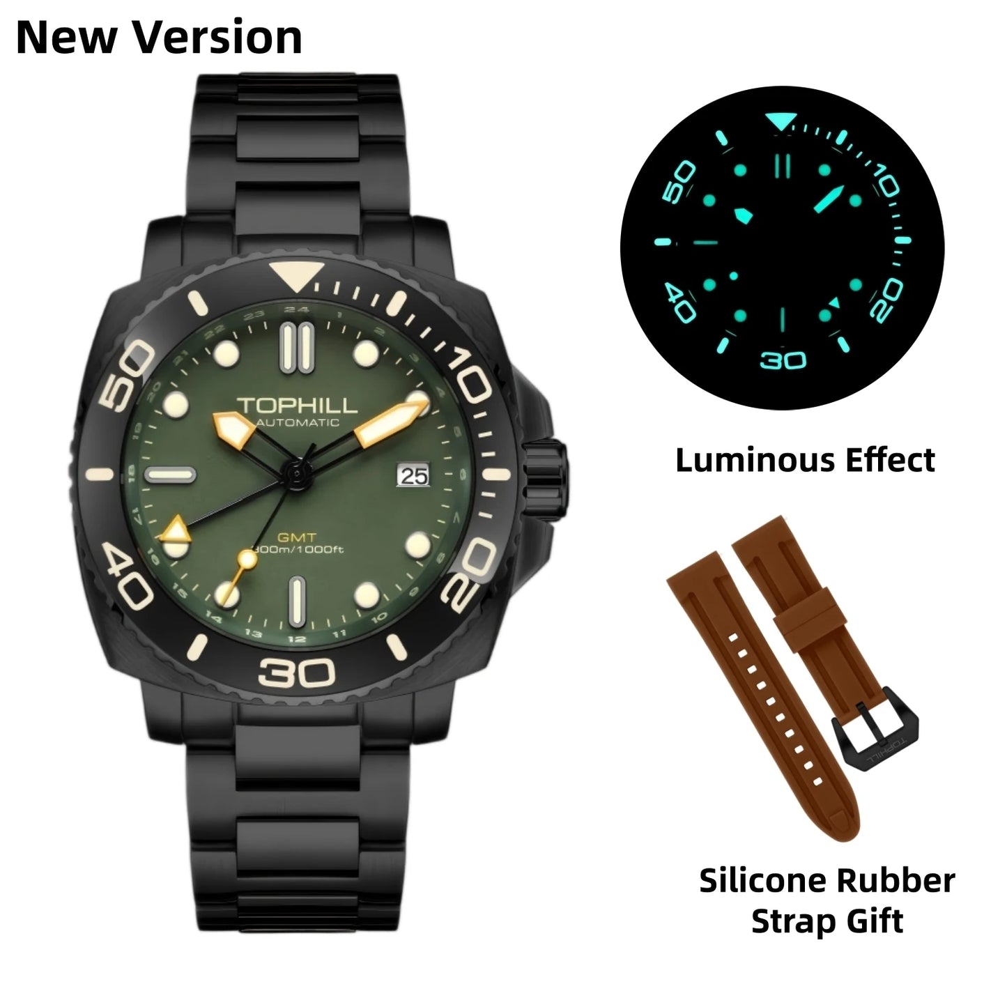 TOPHILL 43mm NH34 GMT Men Watch Automatic Mechanical Wristwatch 300M Dive Sapphire Ceramic Bezel Luxury Luminous 3H Date TD012G