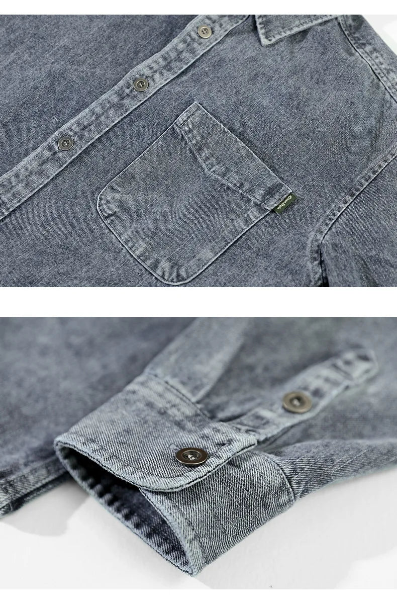 Retro American Washed Denim Jacket Loose Casual Long Sleeve Shirt for Men Autumn Fashion Urban Style Cotton Machine Washable