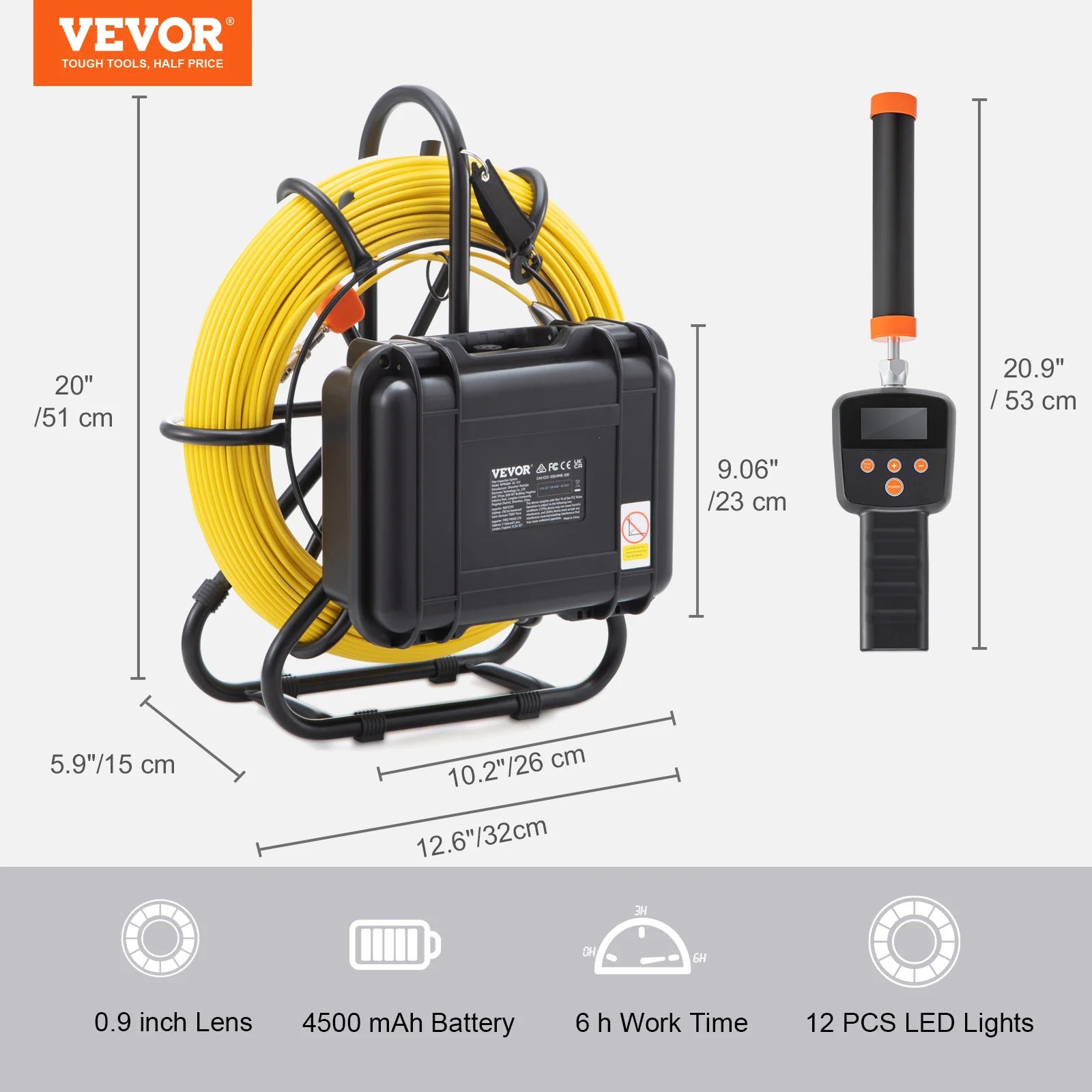 SucceBuy Sewer Camera with 512Hz Locator IP68 9" Pipeline Inspection Camera w/DVR Function w/12 Adjustable LED and 16 GB SD Card