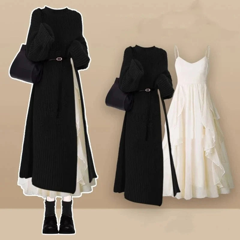 Women's Spring Autumn Long Split Sweater Sling Dress Two Piece Set Lady Graceful Black Knit Clothing Sleeveless Dresses Outfits