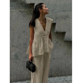 Fashion Women's Trouser Suits Sleeveless V-Neck Top Women Casual Straight Pants Sets Summer Women's Suit Commuter 2 Piece Set