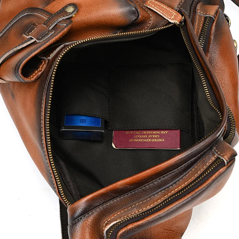 Single Shoulder Bagpack Genuine Leather Chest Bag Outdoor Riding Bag Chest Packs For Biker Men Male Sling Bags Cow Leather